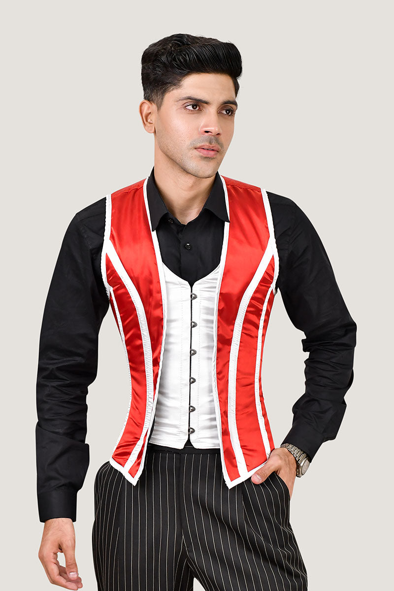 Red and white male corset vest, offering a stylish and fitted design for a striking appearance.