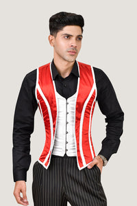 Red and white male corset vest, offering a stylish and fitted design for a striking appearance.