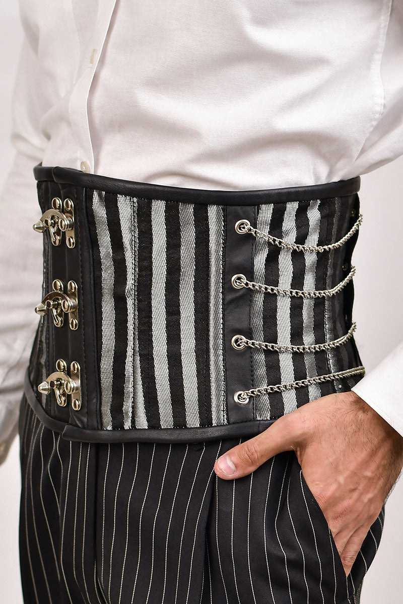 Black and silver brocade men's waist cincher, showcasing an elegant design with a luxurious finish for a refined look.