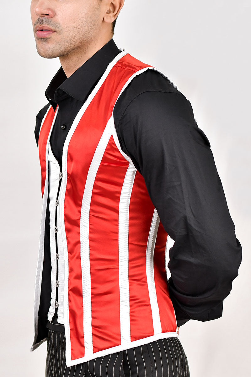 Red and white male corset vest, offering a stylish and fitted design for a striking appearance.