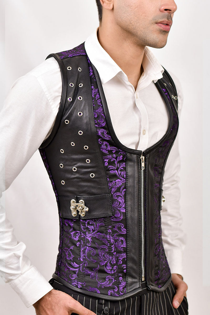 Silver & Black Brocade Corset Vest with Leather