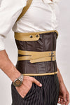 Men's leather corset with shoulder harness, offering a rugged and stylish design for added support and a bold look.