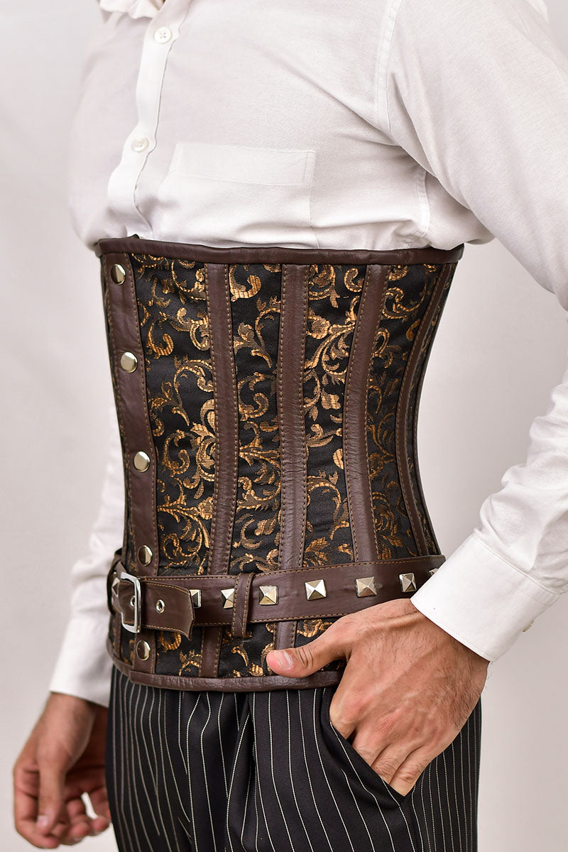 Men's brown underbust corset for waist training, stylish male corset for a tailored fit and support.