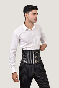 Black and silver brocade men's waist cincher, showcasing an elegant design with a luxurious finish for a refined look.