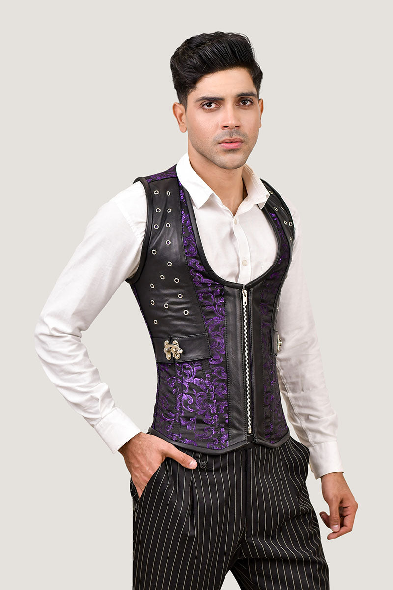 Purple Brocade & Black Leather Corset Vest