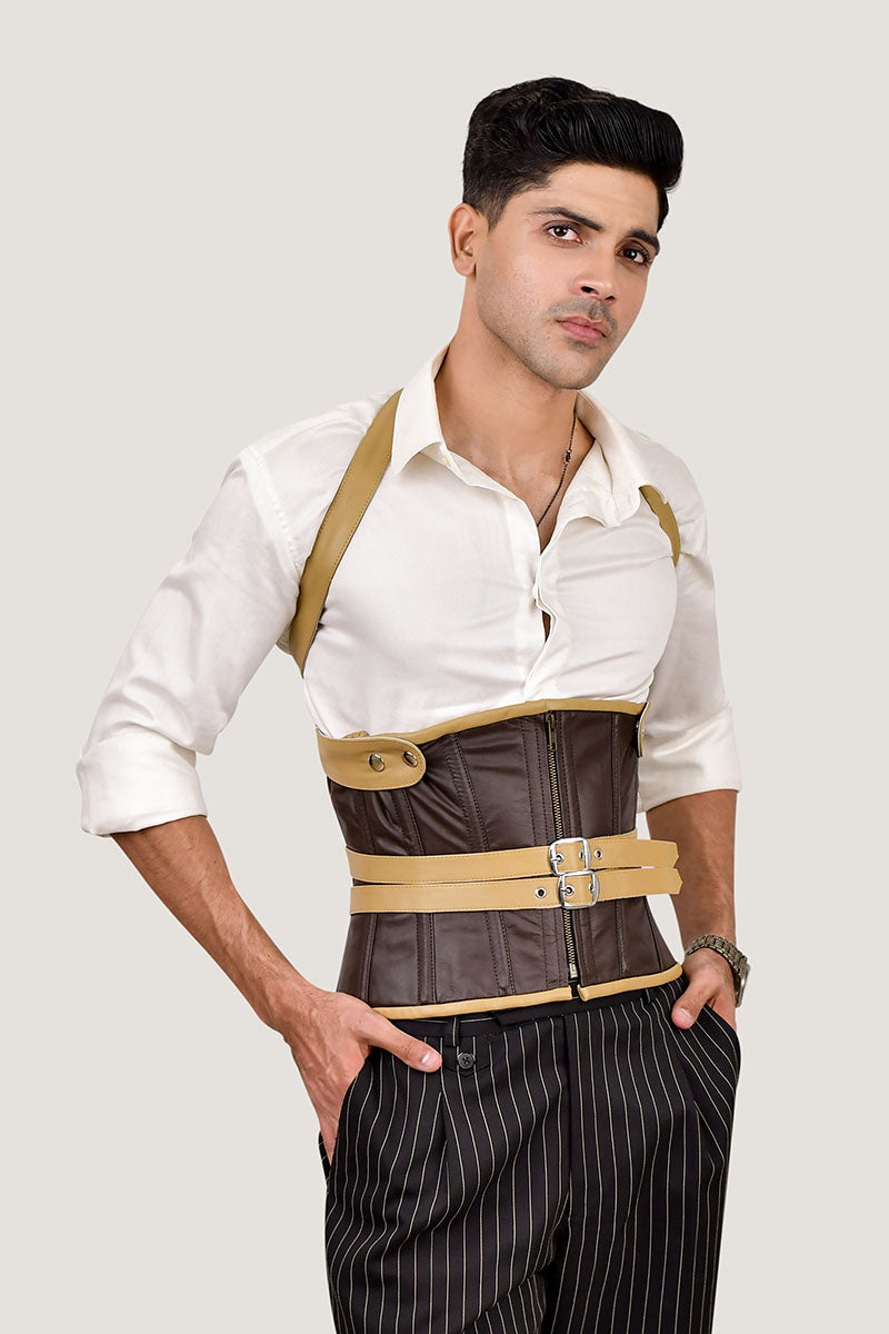 Men's leather corset with shoulder harness, offering a rugged and stylish design for added support and a bold look.