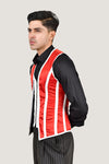 Red and white male corset vest, offering a stylish and fitted design for a striking appearance.