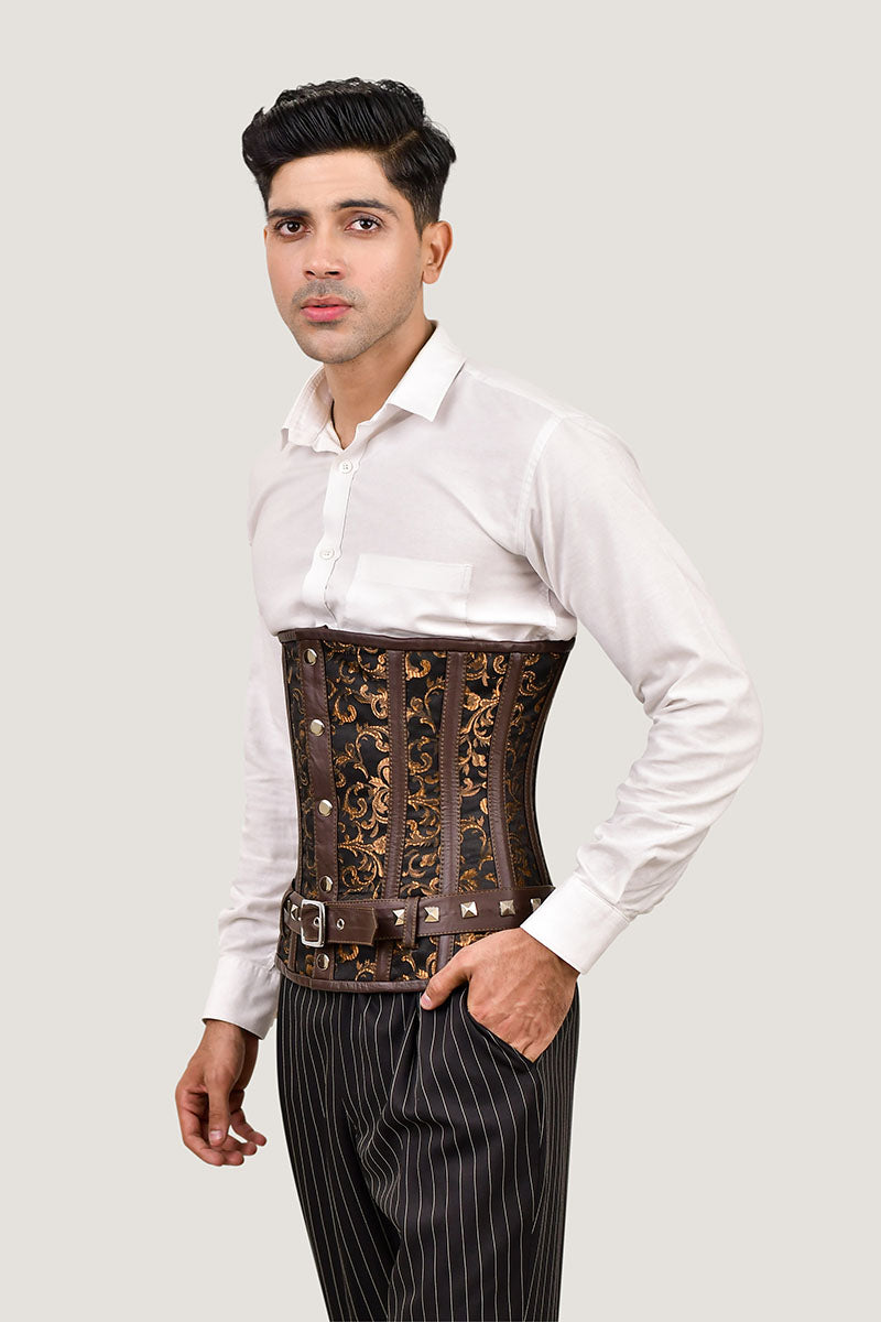 Men's brown underbust corset for waist training, stylish male corset for a tailored fit and support.