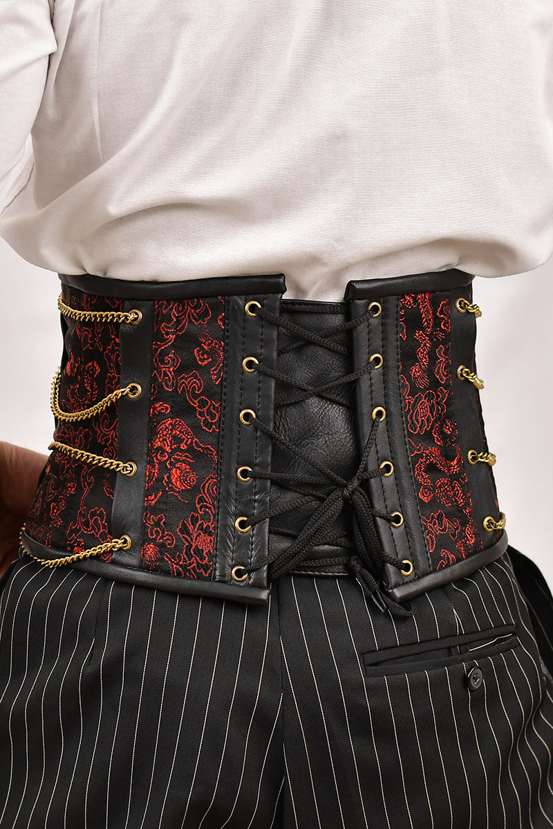 Red dragon brocade men's waist cincher, featuring a striking dragon pattern for a bold and stylish look.