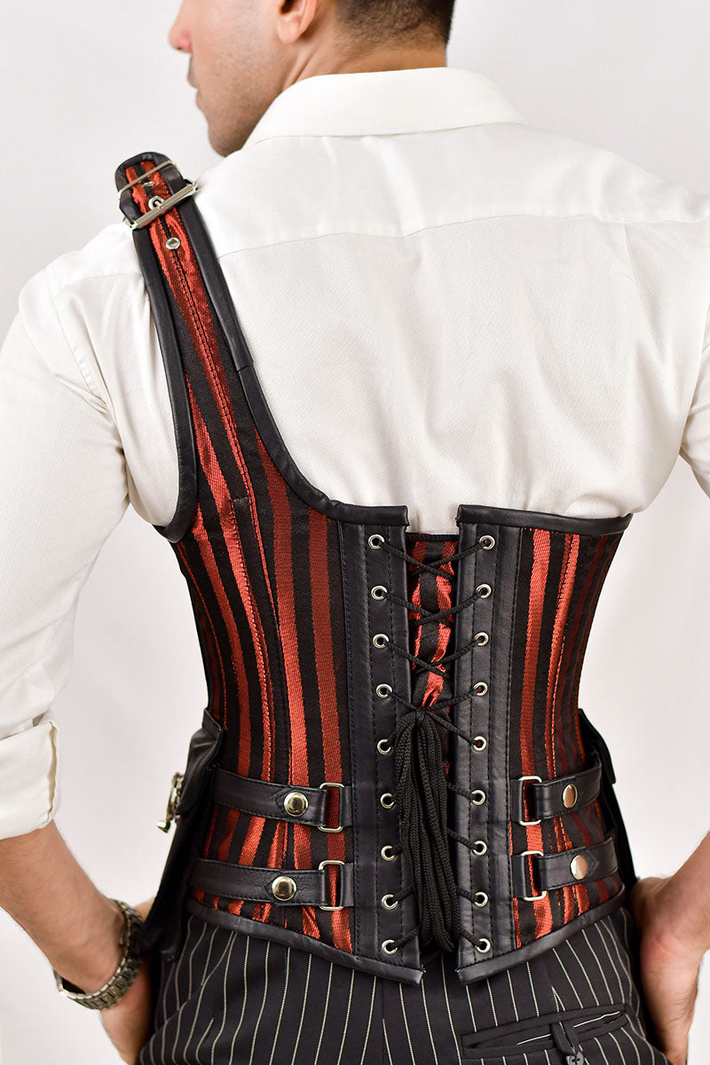 Red brocade corset with shoulder strap, featuring intricate patterns for a fashionable and structured silhouette