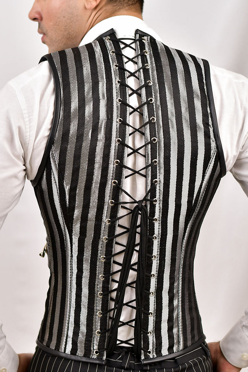 Silver & Black Brocade Corset Vest with Leather