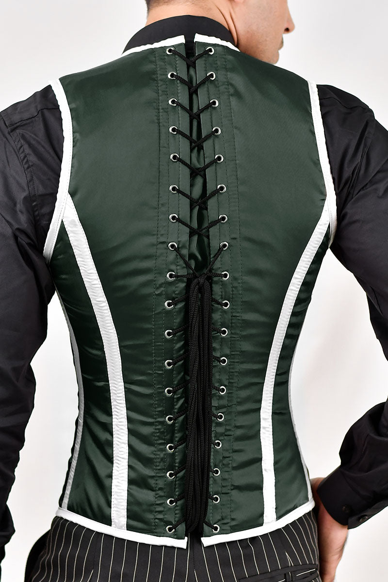 Green and white satin male corset vest, combining elegance and structure for a sleek, tailored fit.