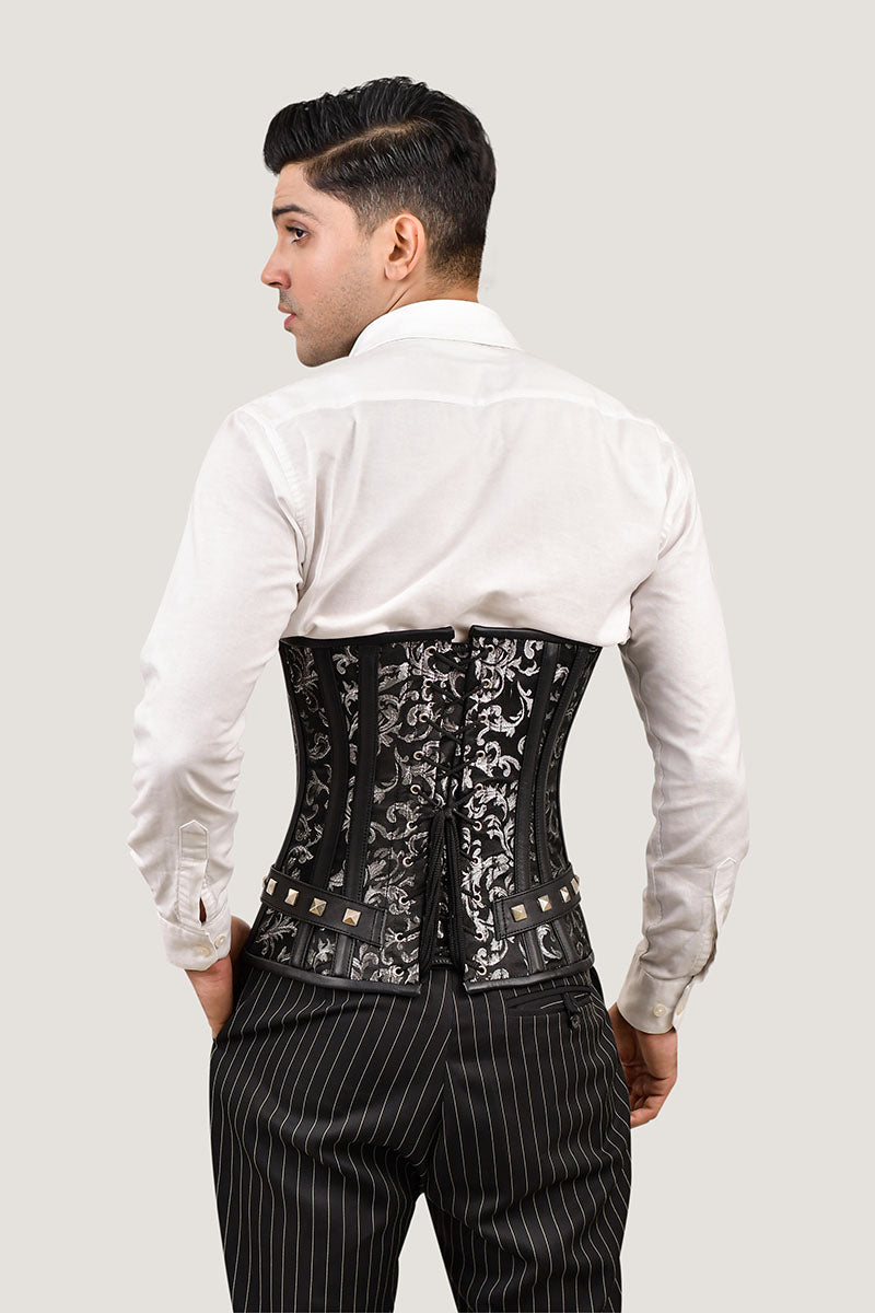 Men's brown underbust corset for waist training, stylish male corset for a tailored fit and support.