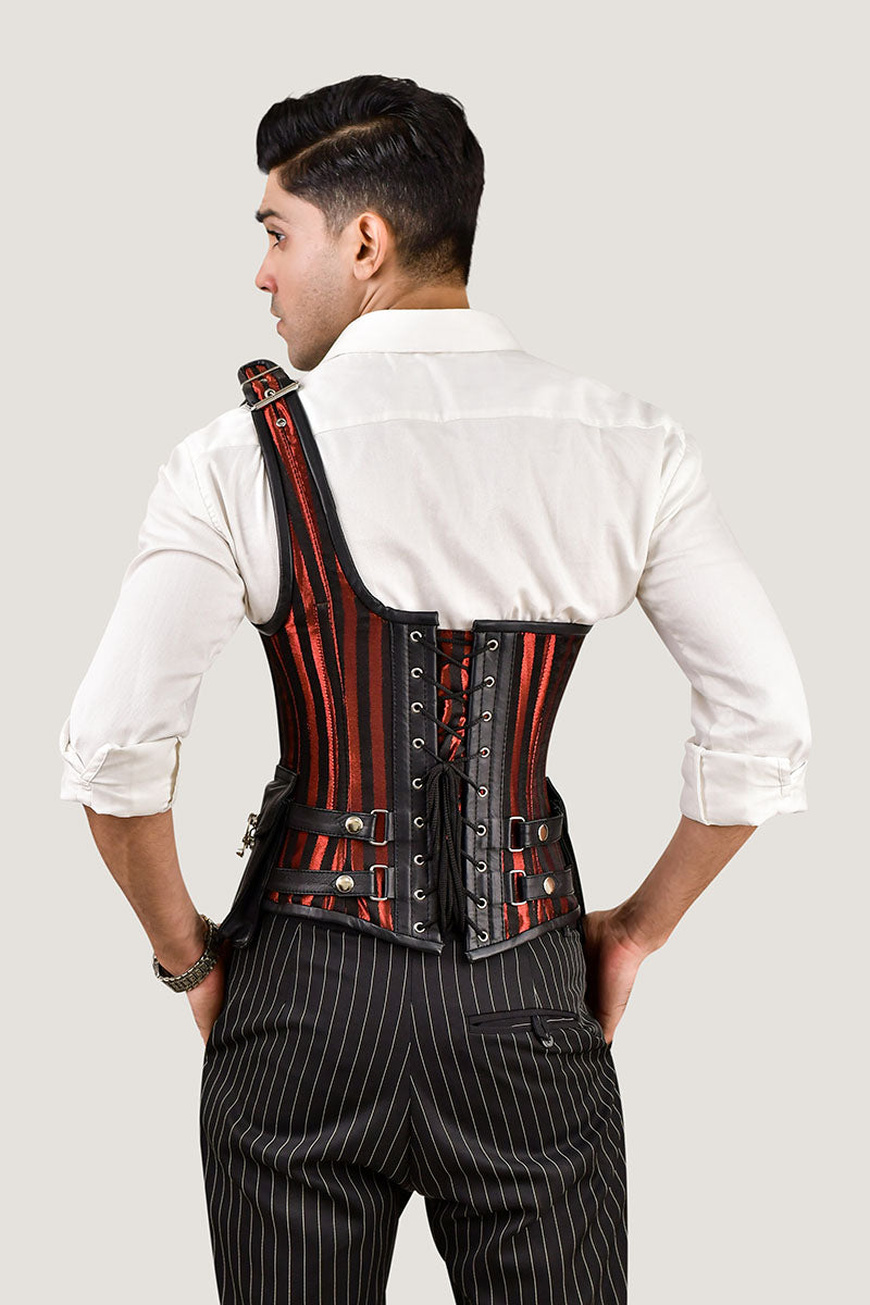 Red brocade corset with shoulder strap, featuring intricate patterns for a fashionable and structured silhouette