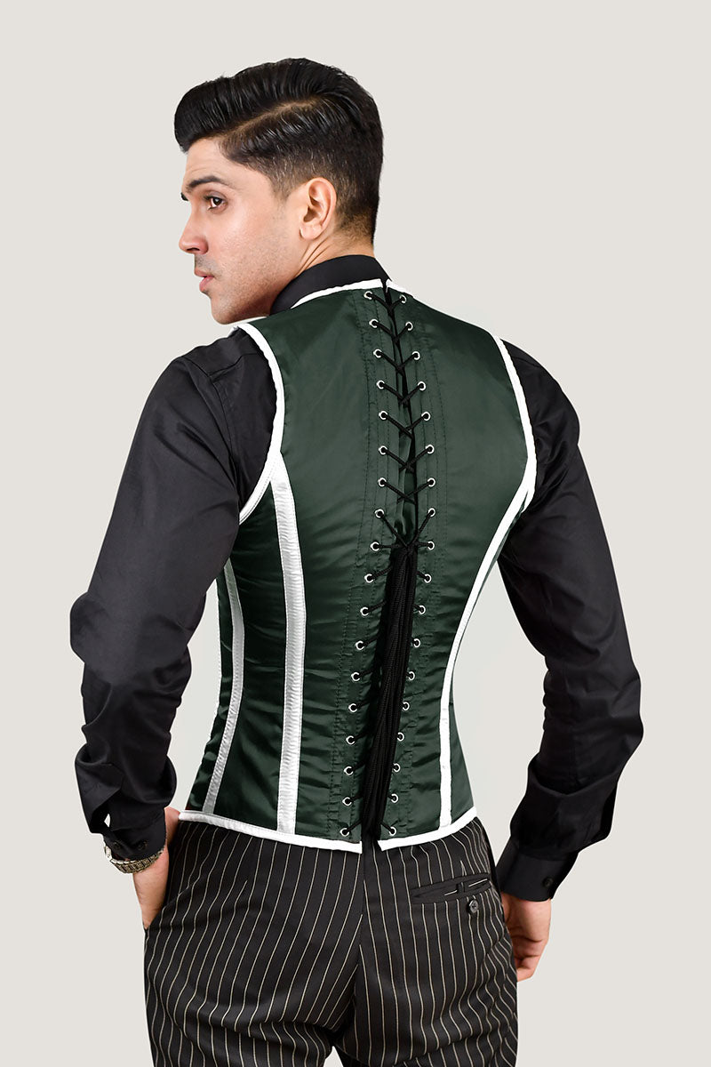 Green and white satin male corset vest, combining elegance and structure for a sleek, tailored fit.