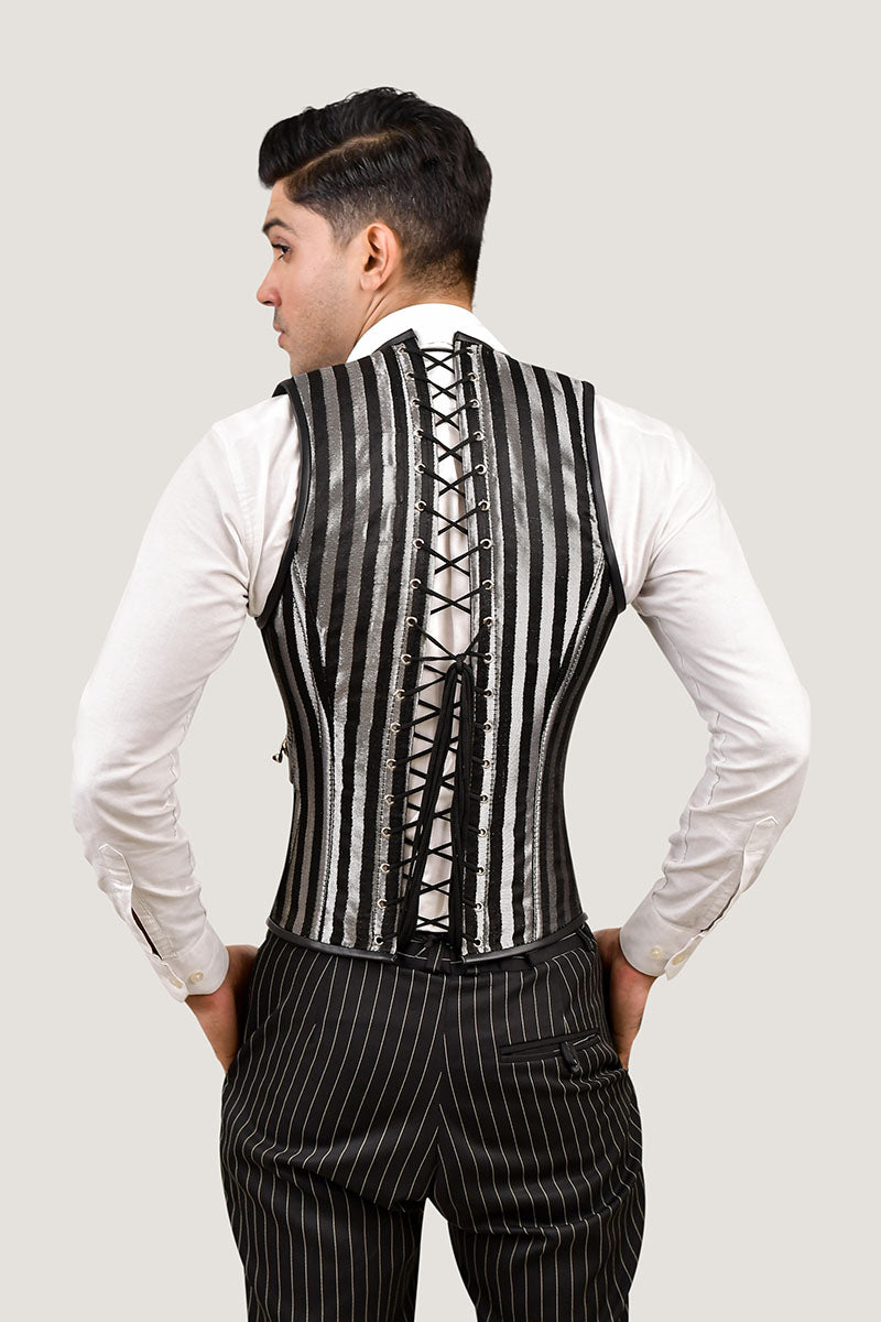 Silver & Black Brocade Corset Vest with Leather