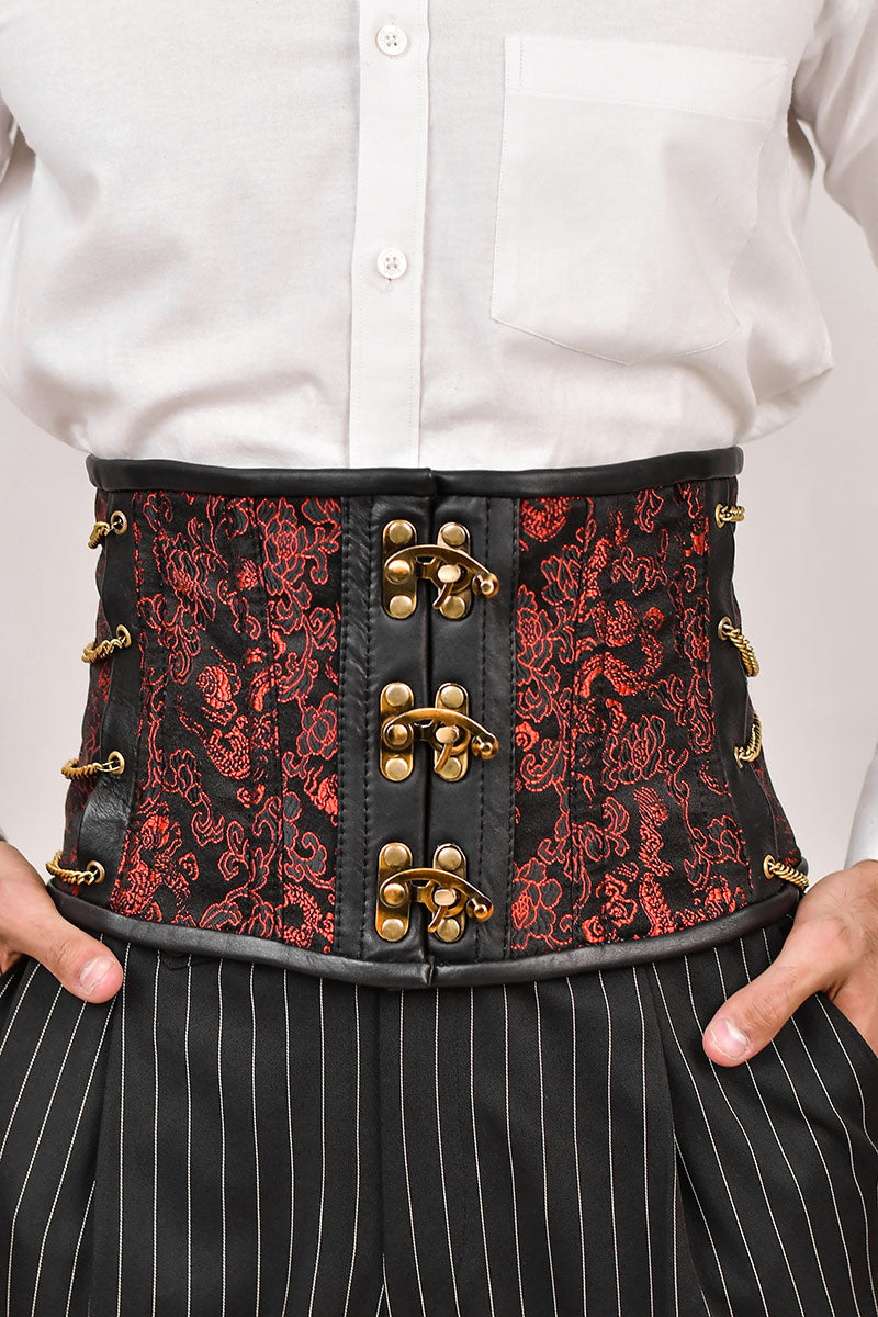 Red dragon brocade men's waist cincher, featuring a striking dragon pattern for a bold and stylish look.