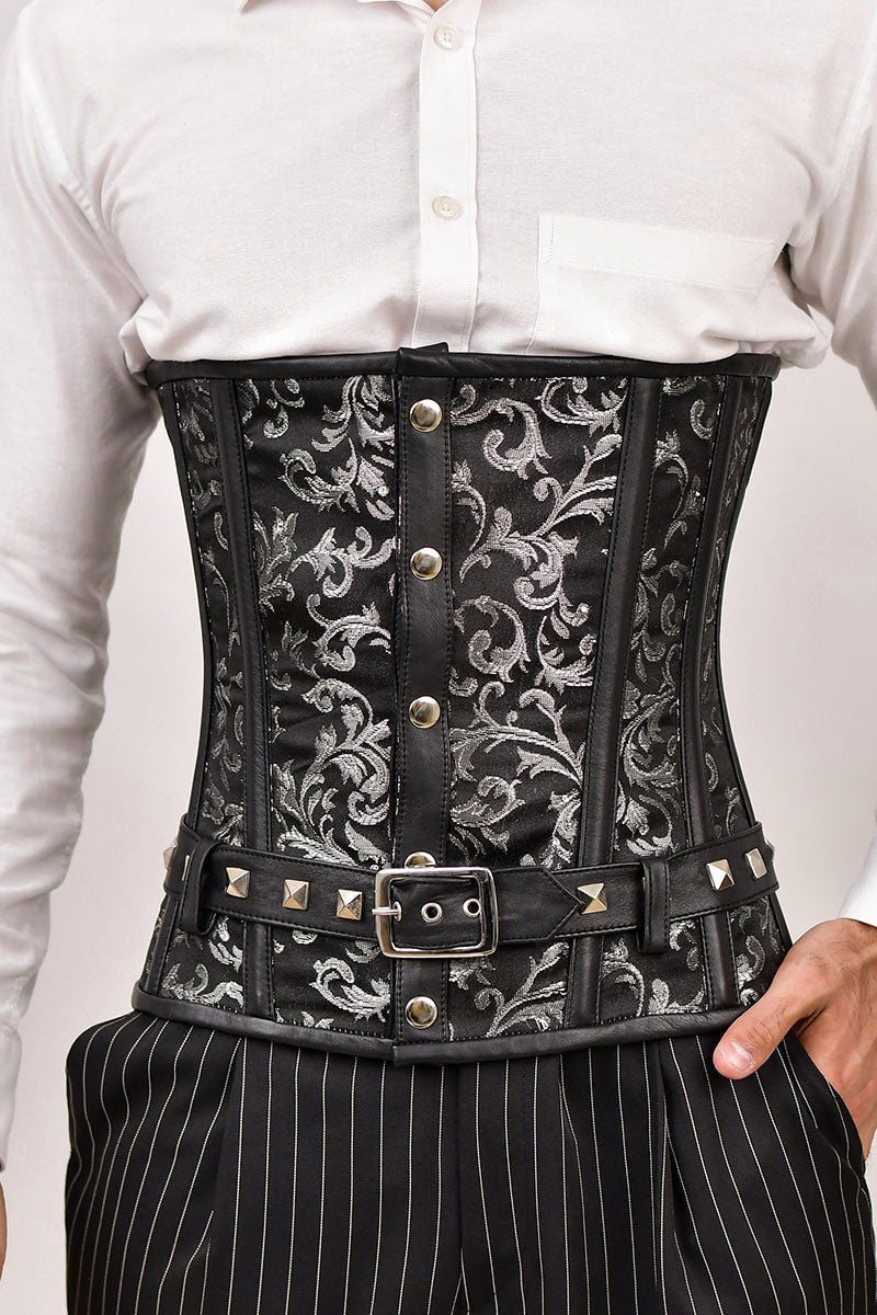 Men's brown underbust corset for waist training, stylish male corset for a tailored fit and support.