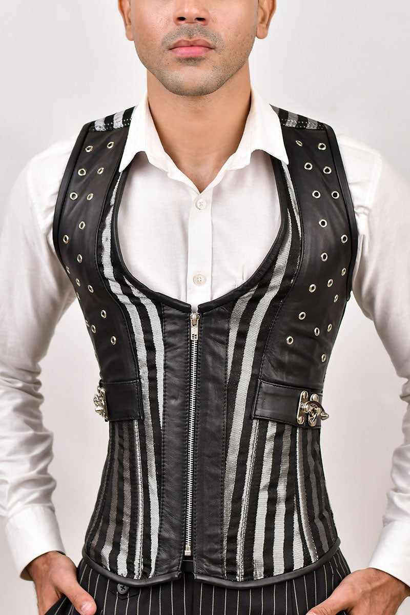 Silver & Black Brocade Corset Vest with Leather