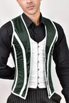 Green and white satin male corset vest, combining elegance and structure for a sleek, tailored fit.