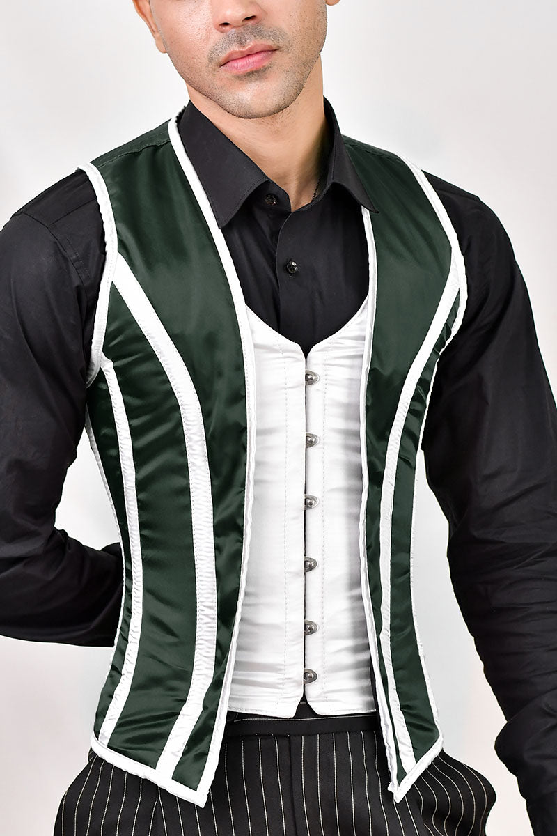 Green and white satin male corset vest, combining elegance and structure for a sleek, tailored fit.