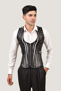 Silver & Black Brocade Corset Vest with Leather