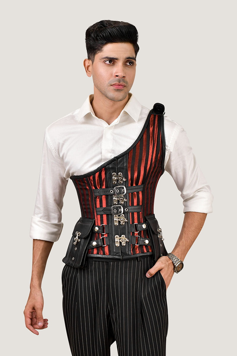 Red brocade corset with shoulder strap, featuring intricate patterns for a fashionable and structured silhouette