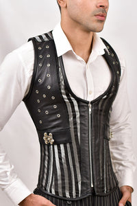 Silver & Black Brocade Corset Vest with Leather