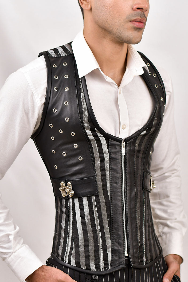 Purple Brocade & Black Leather Corset Vest