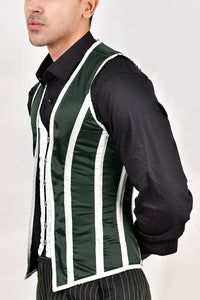 Green and white satin male corset vest, combining elegance and structure for a sleek, tailored fit.