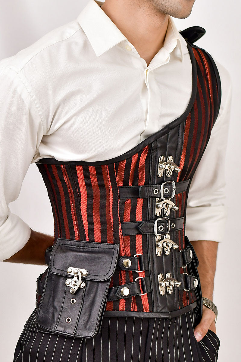 Red brocade corset with shoulder strap, featuring intricate patterns for a fashionable and structured silhouette