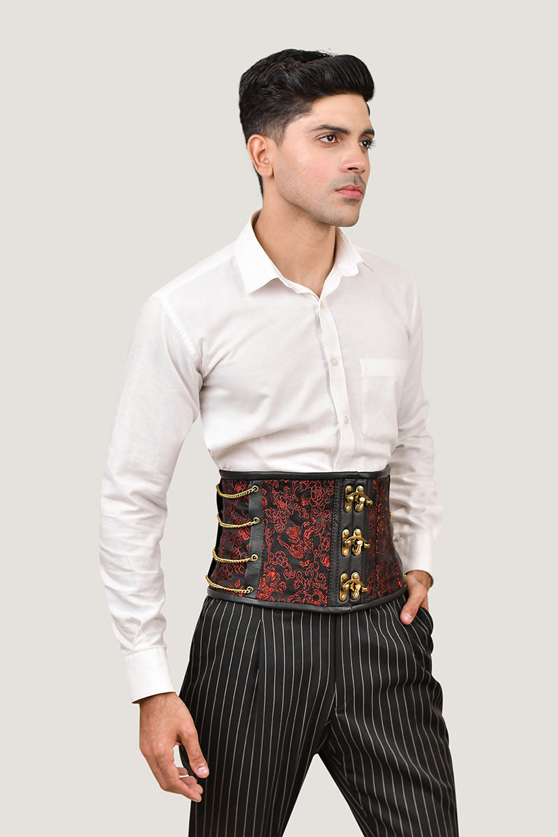 Red dragon brocade men's waist cincher, featuring a striking dragon pattern for a bold and stylish look.