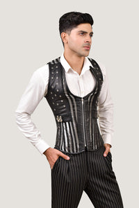 Silver & Black Brocade Corset Vest with Leather