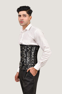 Men's brown underbust corset for waist training, stylish male corset for a tailored fit and support.