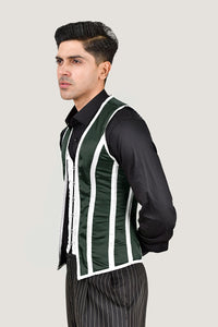 Green and white satin male corset vest, combining elegance and structure for a sleek, tailored fit.