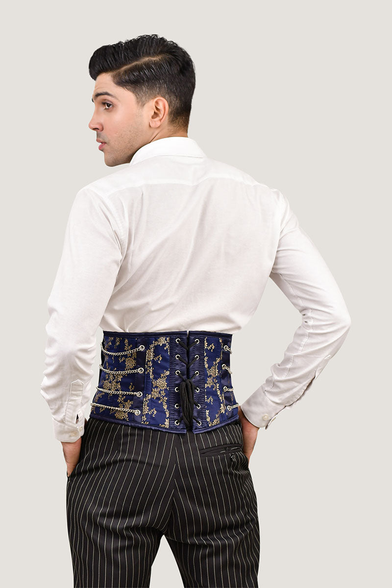 Navy blue satin men's waist cincher, designed for a sleek, smooth fit and effective waist shaping.