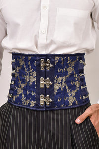 Navy blue satin men's waist cincher, designed for a sleek, smooth fit and effective waist shaping.