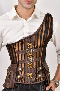 Leather-brocade corset for men with a brown-lined design, offering a sophisticated and structured fit.