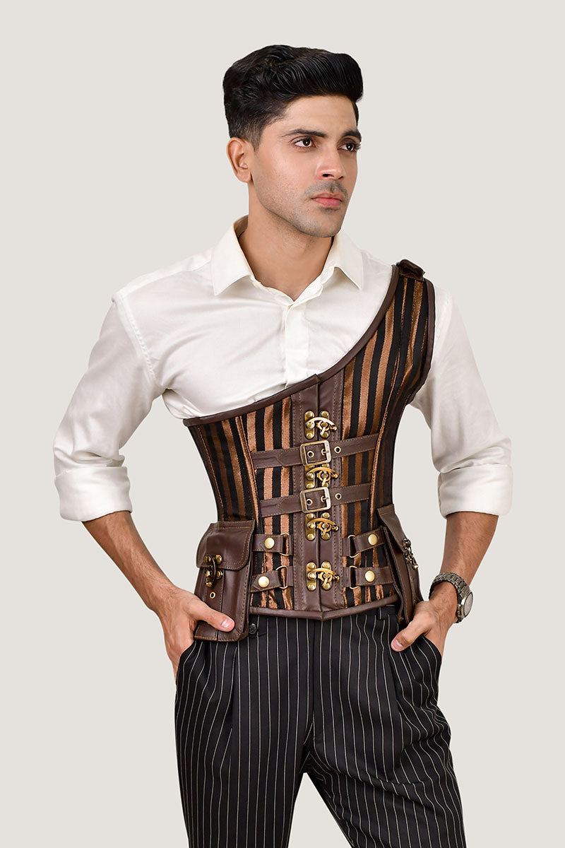 Leather-brocade corset for men with a brown-lined design, offering a sophisticated and structured fit.