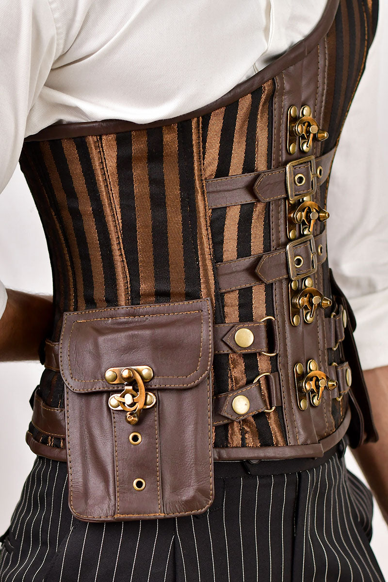 Leather-brocade corset for men with a brown-lined design, offering a sophisticated and structured fit.