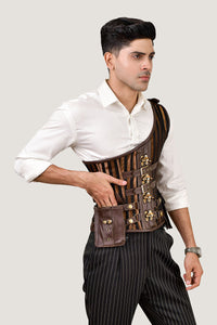 Leather-brocade corset for men with a brown-lined design, offering a sophisticated and structured fit.