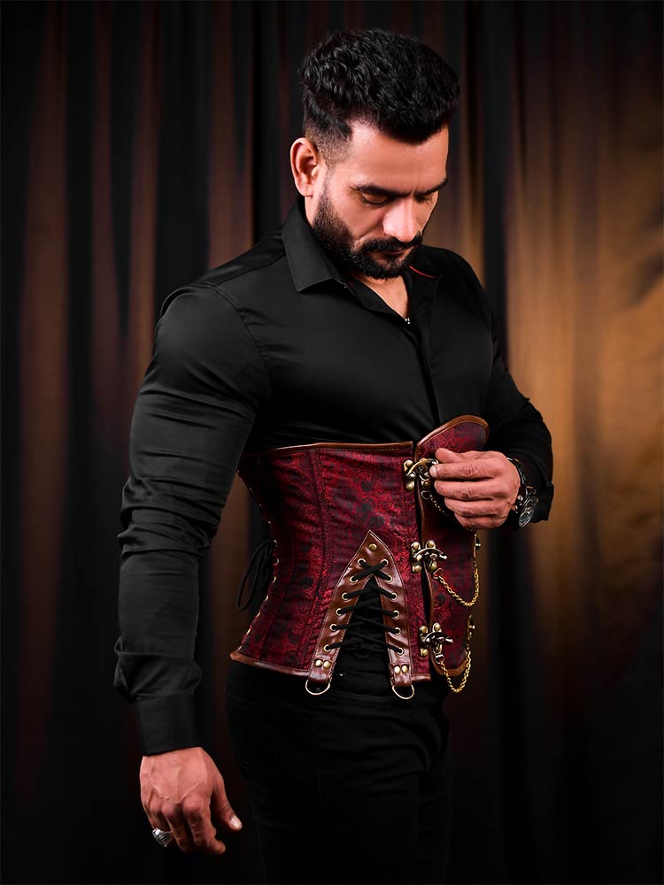 Red Brocade Men Corset - Fashion Corset – Miss Leather Online